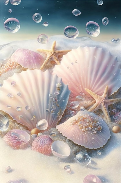 Photo peinture de coquillages et d'étoiles de mer sur une plage generative ai