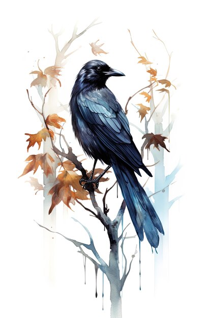 une peinture d'un corbeau sur une branche d'arbre.