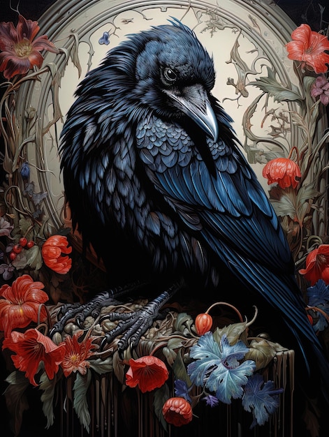 une peinture d'un corbeau avec des fleurs et un oiseau dessus