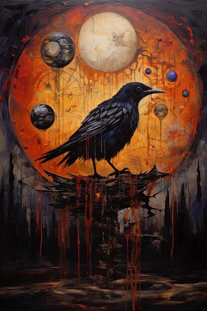 Photo une peinture d'un corbeau avec la lune derrière lui