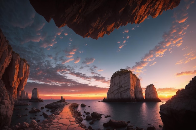 Une peinture d'une côte rocheuse avec un coucher de soleil en arrière-plan.