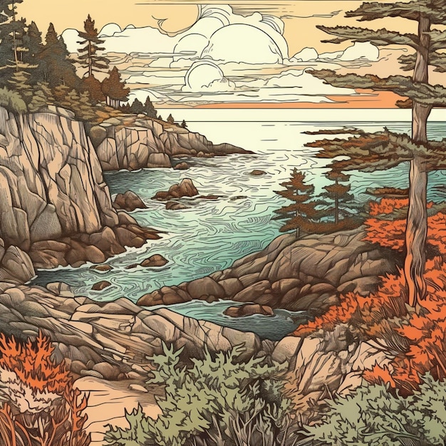 Photo une peinture d'une côte rocheuse avec une rivière et des arbres.