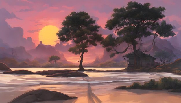 Photo une peinture d'un coucher de soleil avec un arbre et une maison en arrière-plan