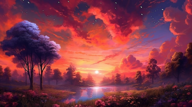Une peinture d'un coucher de soleil avec des arbres au premier plan et le soleil en arrière-plan
