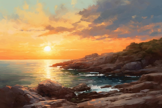 Une peinture d'un coucher de soleil au bord de la mer