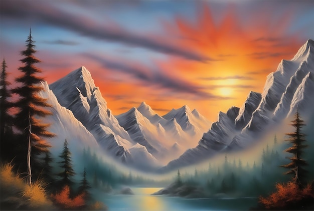 Une peinture d'un coucher de soleil sur une chaîne de montagnes Une peinture à l'aérographe de Bob Ross en vedette