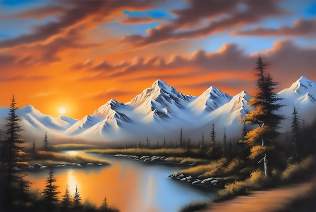 Une peinture d'un coucher de soleil sur une chaîne de montagnes Une peinture à l'aérographe de Bob Ross en vedette