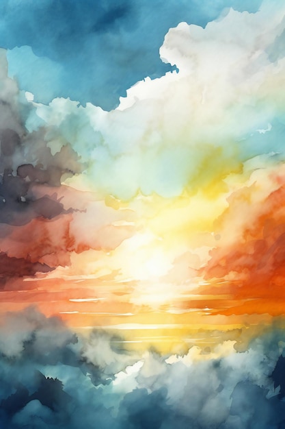 Une peinture d'un coucher de soleil sur un ciel nuageux