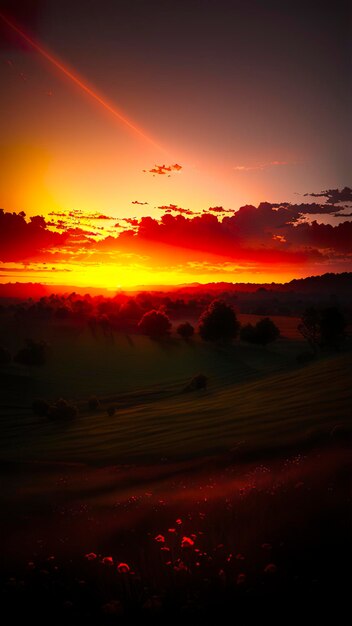 Photo une peinture d'un coucher de soleil avec un ciel rouge et quelques nuages au loin.