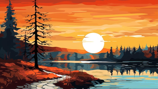 Peinture de coucher de soleil coloré d'un lac et d'arbres dans le style Lil Nas X