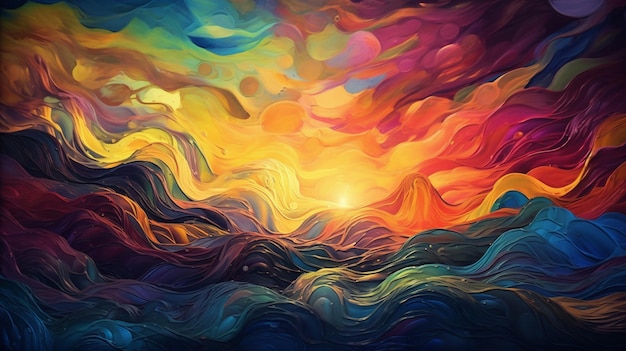 peinture d'un coucher de soleil coloré avec des vagues et des nuages ai générative