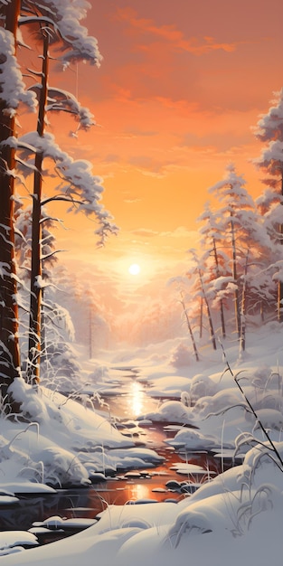 une peinture d'un coucher de soleil dans une forêt enneigée peinture à l'huile d'un paysage de neige