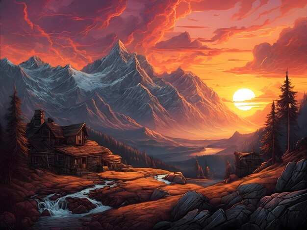 Une peinture d'un coucher de soleil dans le paysage apocalypse des montagnes