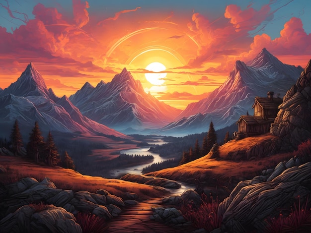 Une peinture d'un coucher de soleil dans le paysage apocalypse des montagnes