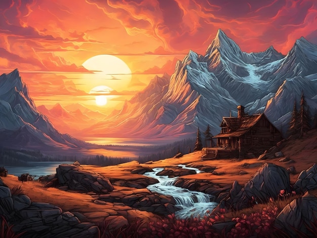 Une peinture d'un coucher de soleil dans le paysage apocalypse des montagnes
