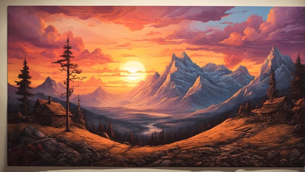 Une peinture d'un coucher de soleil dans le paysage apocalypse des montagnes