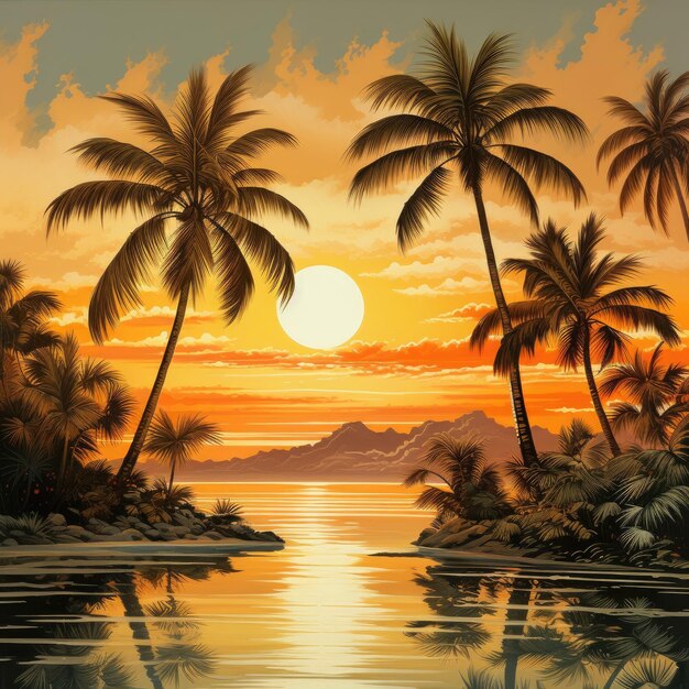 Une peinture de coucher de soleil avec deux palmiers sur une île IA générative