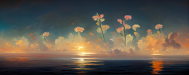 Une peinture d'un coucher de soleil avec des fleurs au premier plan IA générative