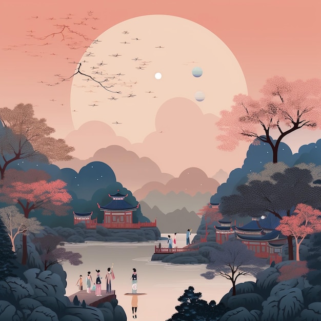 une peinture d'un coucher de soleil avec une grande lune et des gens en arrière-plan.