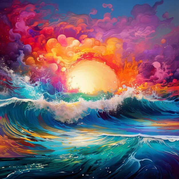 peinture d'un coucher de soleil sur une grande vague avec un soleil brillant génératif ai