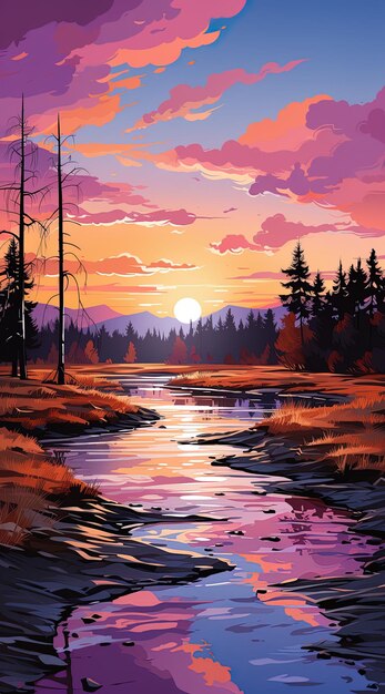 une peinture d'un coucher de soleil avec un lac et des arbres en arrière-plan