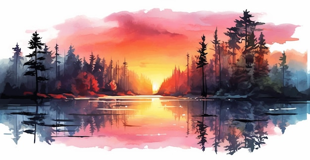 Peinture d'un coucher de soleil sur un lac avec des arbres et de l'eau générative ai