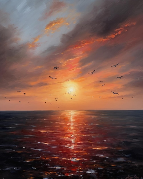 Une peinture d'un coucher de soleil sur la mer