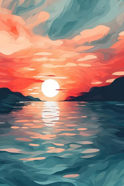 Une peinture d'un coucher de soleil sur la mer