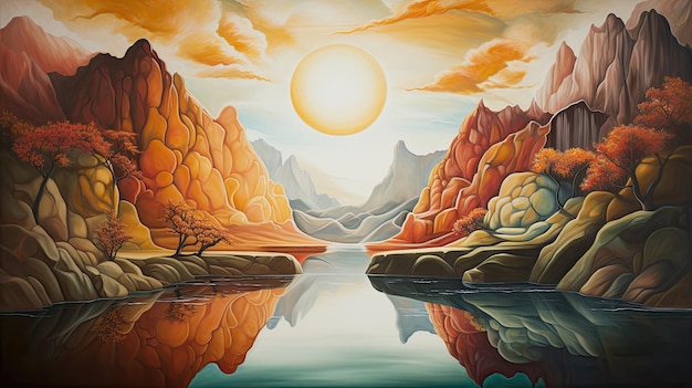 une peinture d'un coucher de soleil avec des montagnes et des nuages.