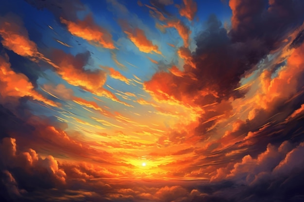 peinture d'un coucher de soleil avec des nuages et un bateau dans l'eau IA générative