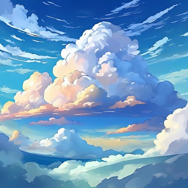 une peinture d'un coucher de soleil avec des nuages et le soleil dans le ciel