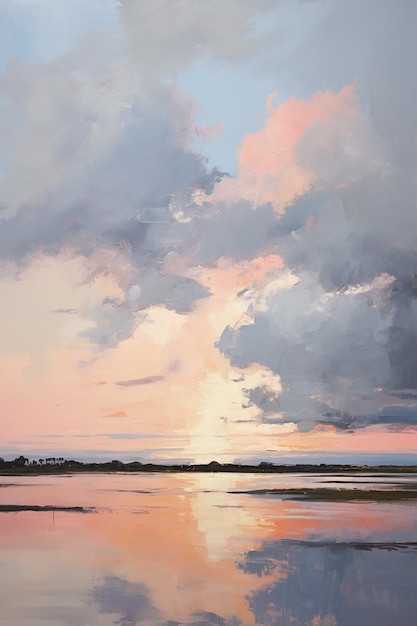 une peinture d'un coucher de soleil avec des nuages et le soleil reflétant sur l'eau.