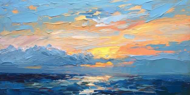 Photo peinture d'un coucher de soleil sur l'océan avec des nuages et de l'eau génératrice ai