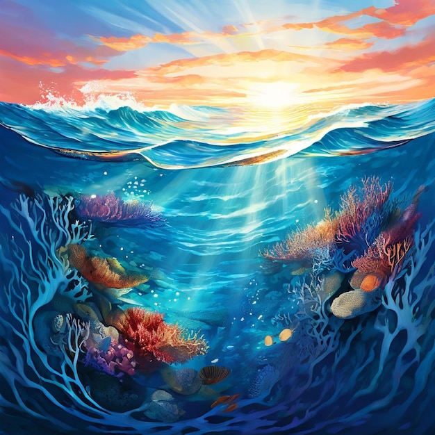 Photo une peinture d'un coucher de soleil avec l'océan et l'océen avec des poissons nageant en dessous