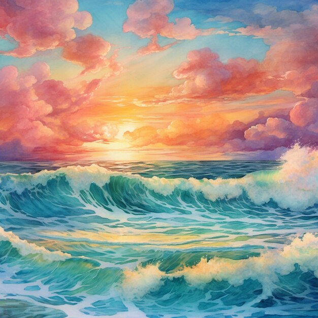 Photo peinture d'un coucher de soleil sur l'océan avec une vague venant en génératif ai