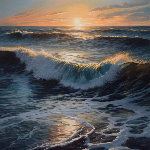 peinture d'un coucher de soleil sur l'océan avec des vagues venant en IA générative