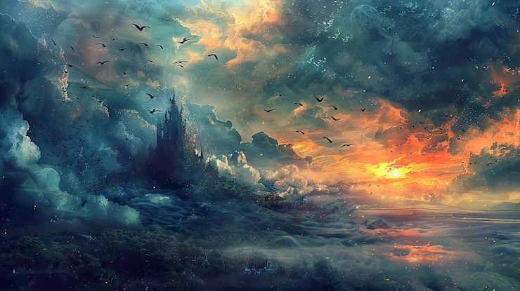 Photo une peinture d'un coucher de soleil avec des oiseaux volant au-dessus de l'eau