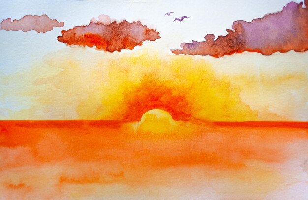Une peinture d'un coucher de soleil avec des oiseaux volant au-dessus de l'océan.
