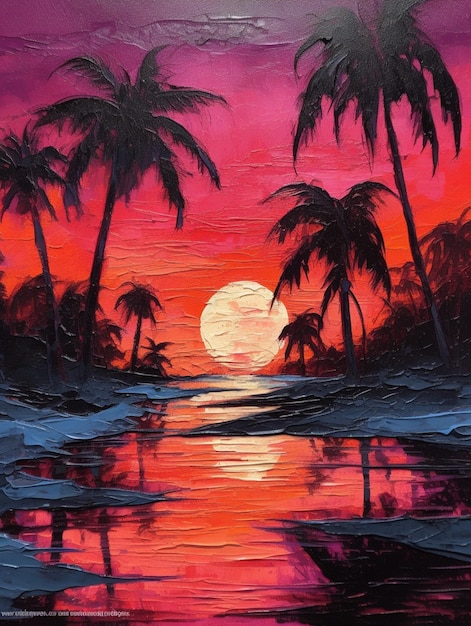 Peinture d'un coucher de soleil avec des palmiers et un bateau dans l'eau