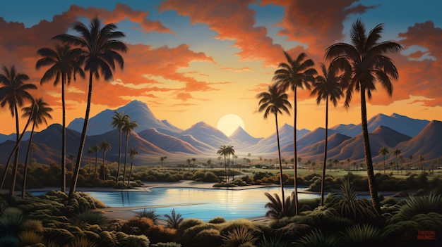 Une peinture d'un coucher de soleil avec des palmiers et des montagnes