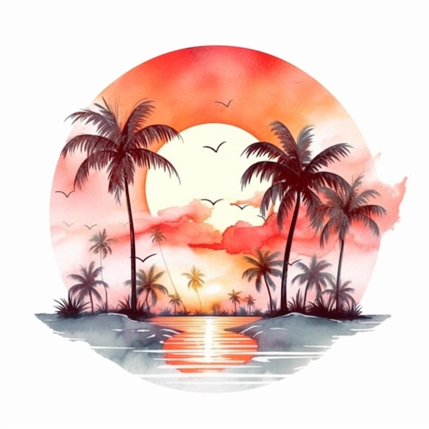 une peinture d'un coucher de soleil avec des palmiers et des oiseaux volant au-dessus de l'eau ai générative