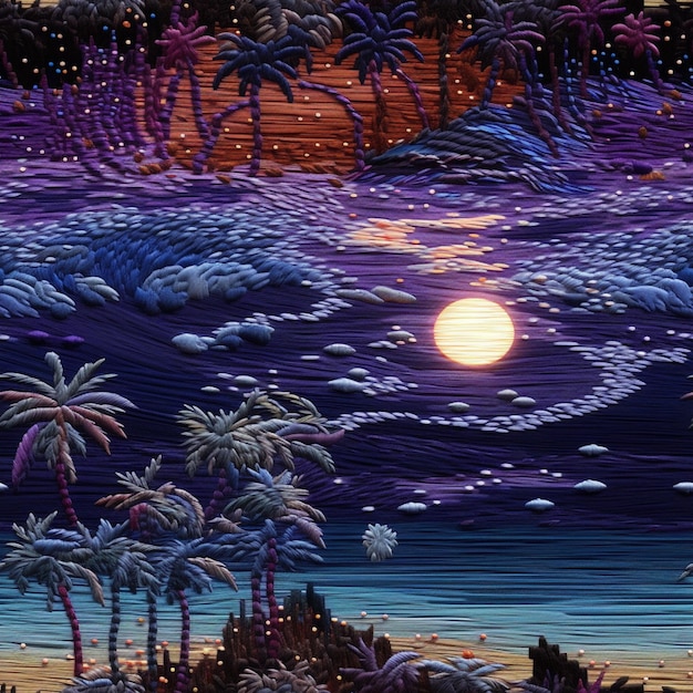 peinture d'un coucher de soleil avec des palmiers et un plan d'eau ai génératif