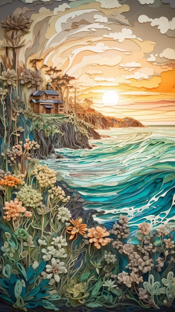 Peinture d'un coucher de soleil sur une plage avec une maison et des fleurs