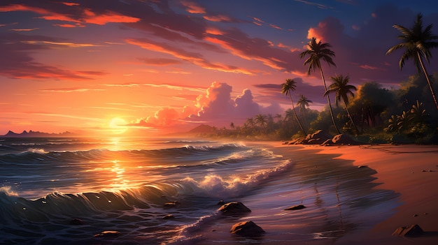 Peinture d'un coucher de soleil sur une plage tropicale avec palmiers ai générative