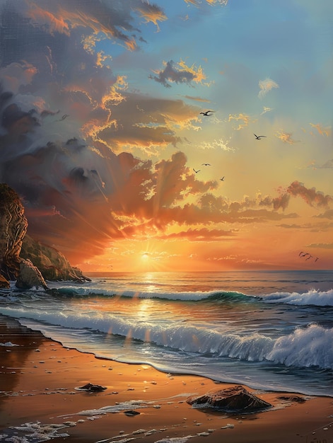 Une peinture d'un coucher de soleil sur la plage