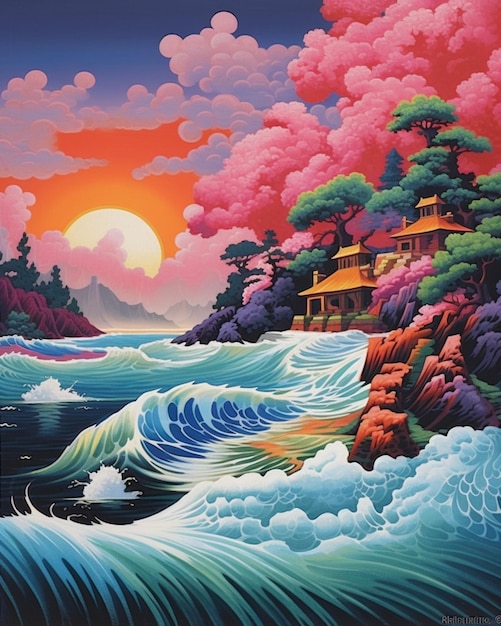 Peinture d'un coucher de soleil sur un plan d'eau avec une maison sur le rivage