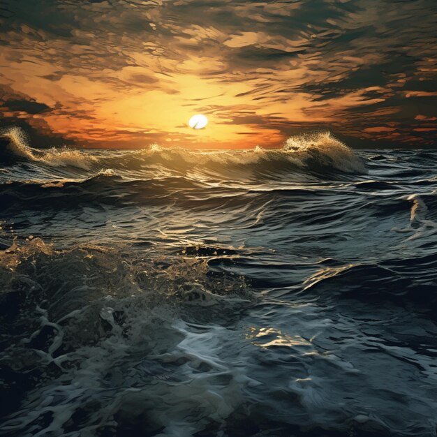 Photo peinture d'un coucher de soleil sur un plan d'eau avec des vagues génératives ai