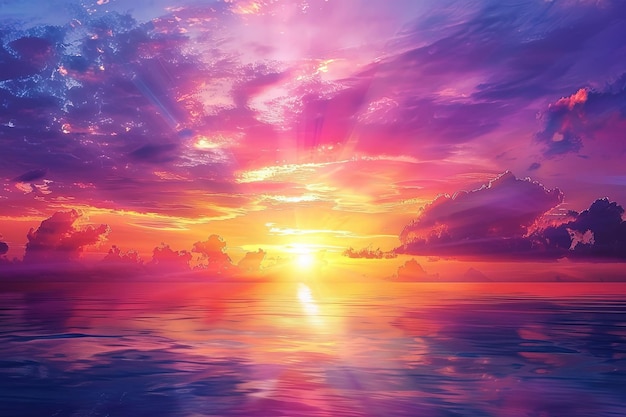 Une peinture d'un coucher de soleil sur un plan d'eau