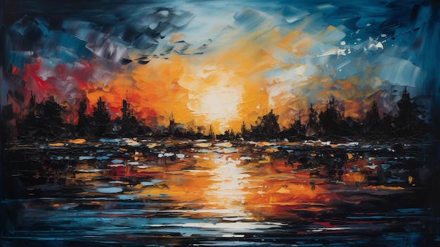 Une peinture d'un coucher de soleil sur un plan d'eau