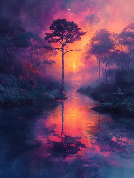 Photo peinture d'un coucher de soleil sur une rivière avec des arbres et un arbre solitaire génératif ai